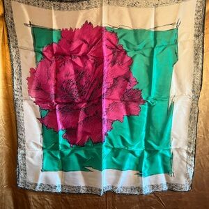 Vintage Japanese Bright Pink Rose Scarf with Teal Background